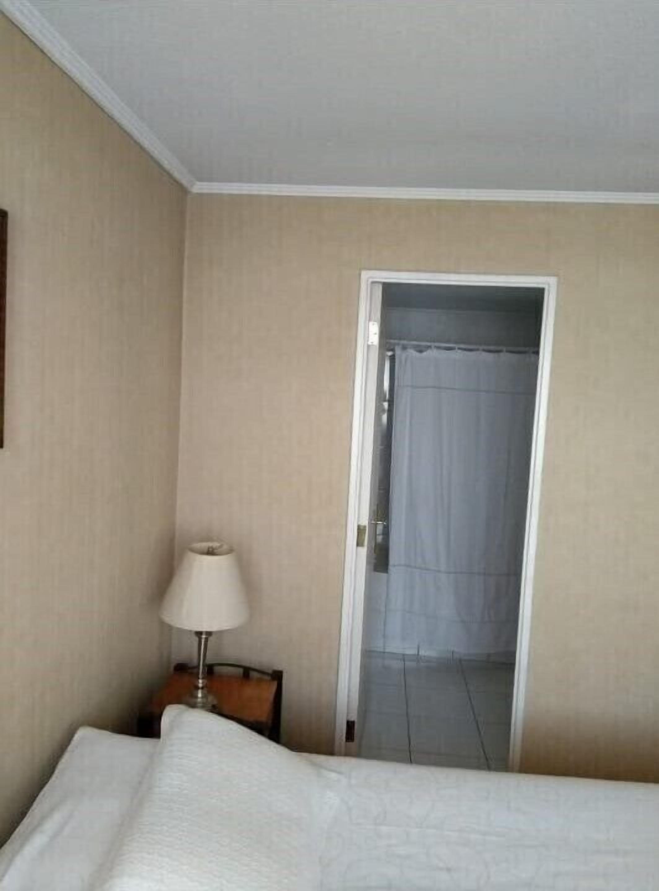 Una habitación de hotel con una cama, una mesita de noche con lámpara y una puerta que da a un baño con cortina de ducha.