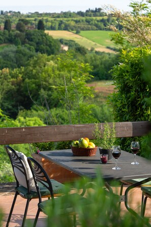Outdoor dining - Beautiful apartment with WIFI, pool, A/C, TV, veranda and panoramic view, close to San Gimignano (Sughera)