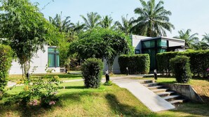 A modern building with a concrete staircase leading to a green door, surrounded by lush greenery and palm trees. - OYO Bulan Anda Baba Resort (Ao Luek)