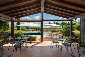 A covered outdoor area with a pool, patio furniture, and umbrellas.