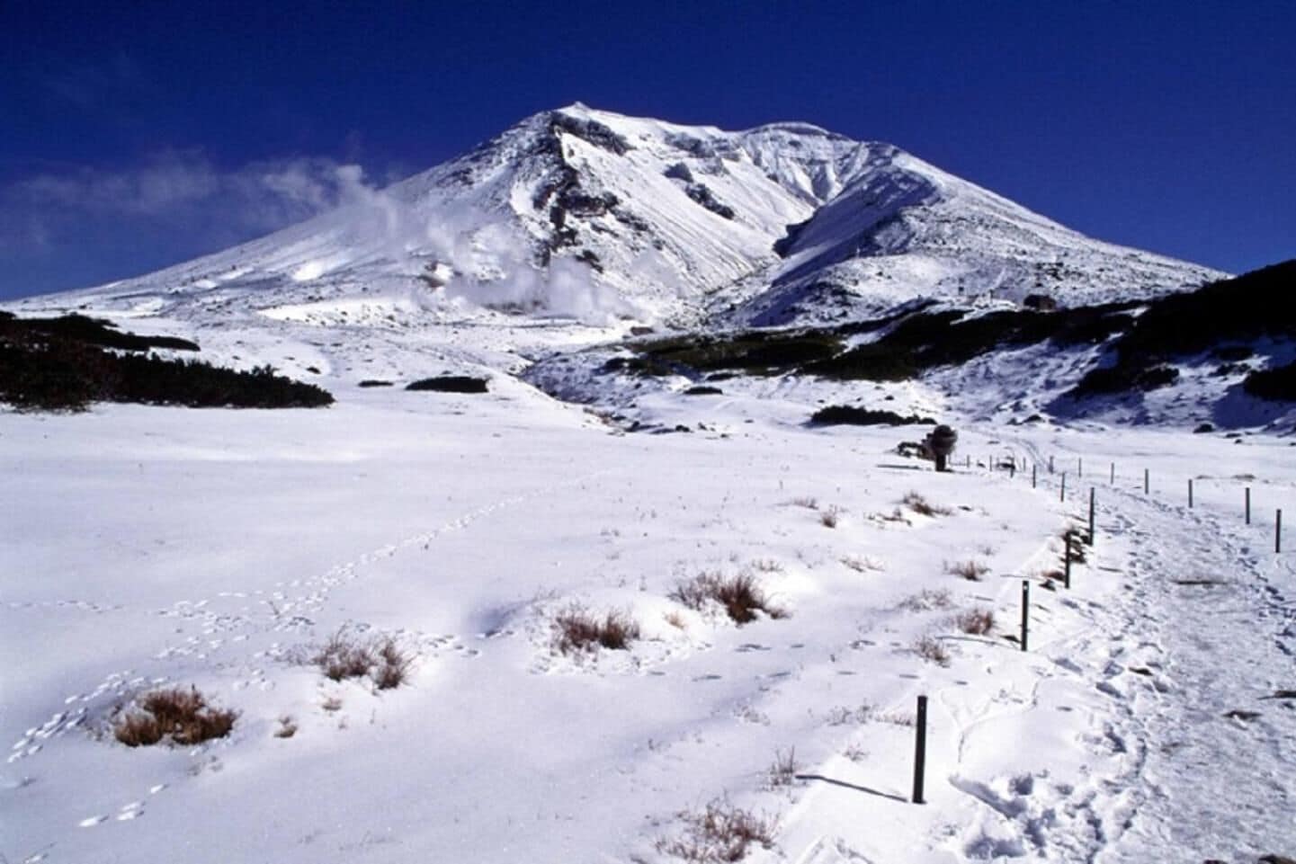 A snow-covered landscape with a prominent snow-capped mountain in the background.