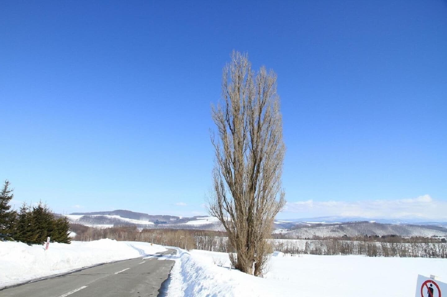 A snow-covered road with a clear blue sky and distant mountains.