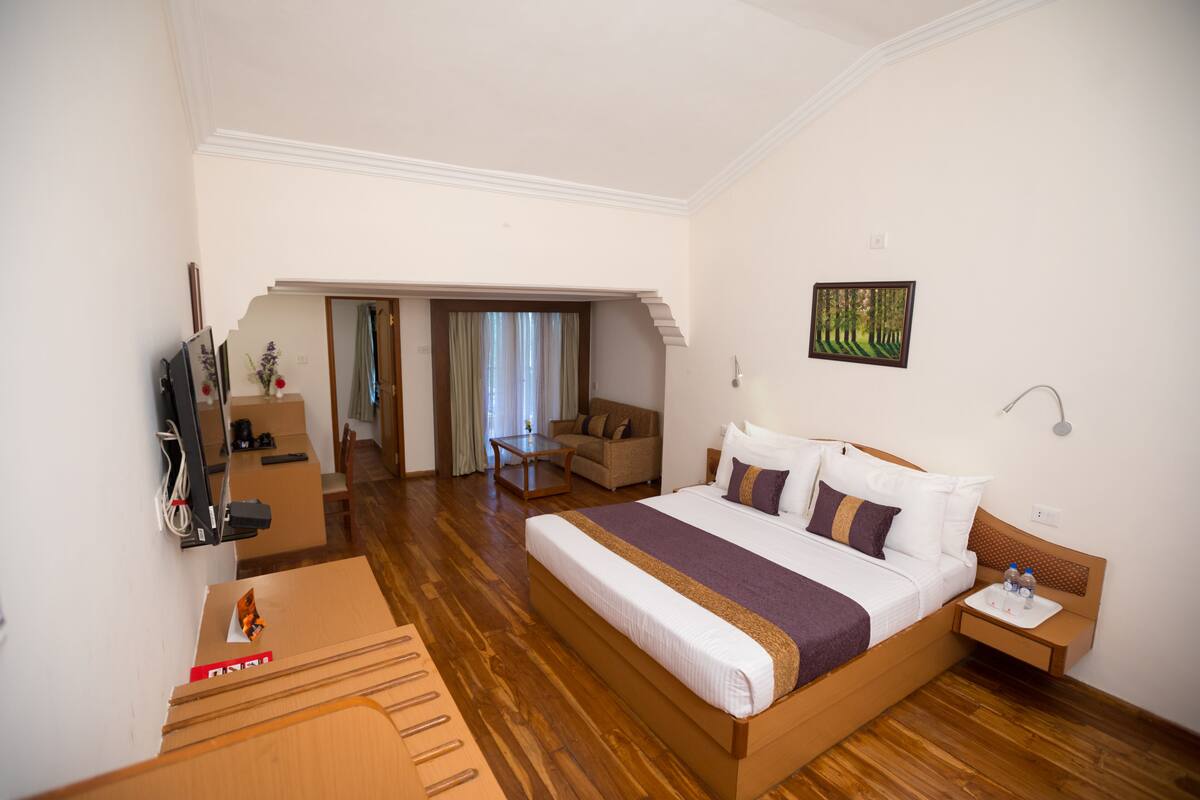 Habitació d'hotel amb un llit gran, una taula, una cadira, un televisor i un quadre a la paret.