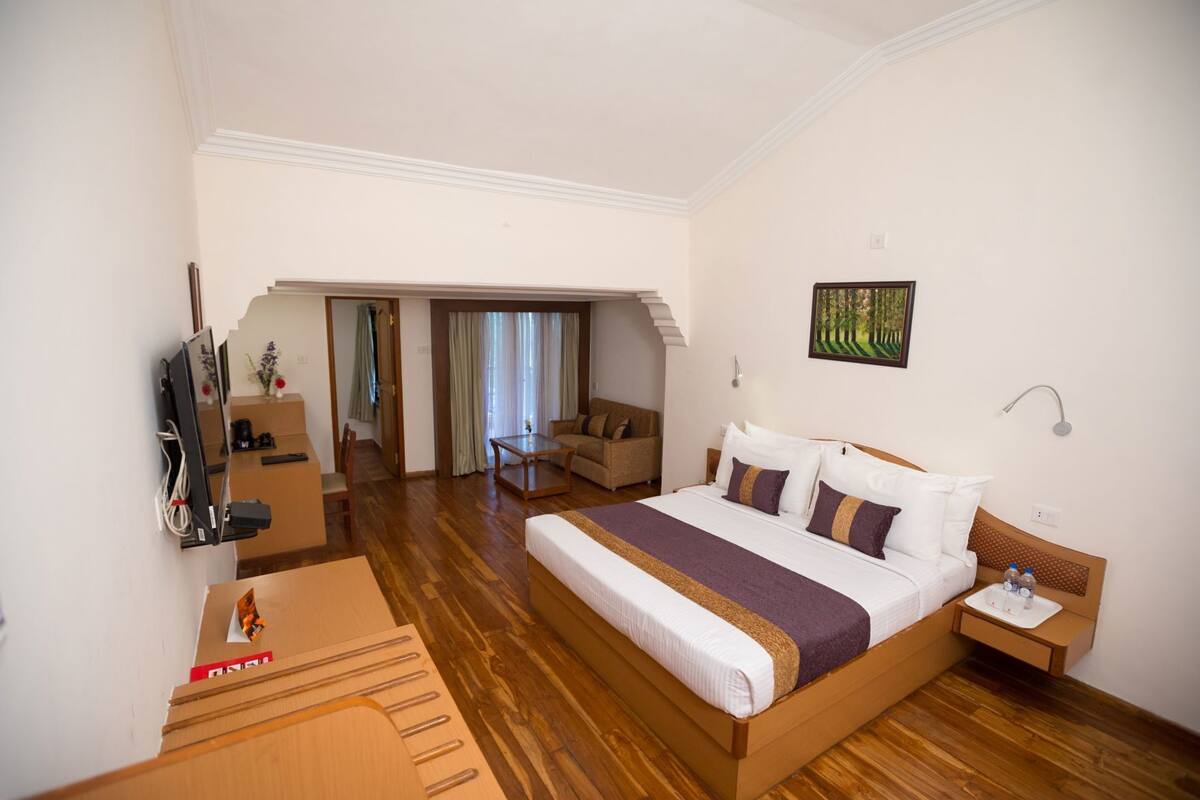 Habitació d'hotel amb un llit, escriptori, cadira, sofà, televisió i un quadre.