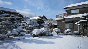 Zona residencial com casas e árvores cobertas de neve.