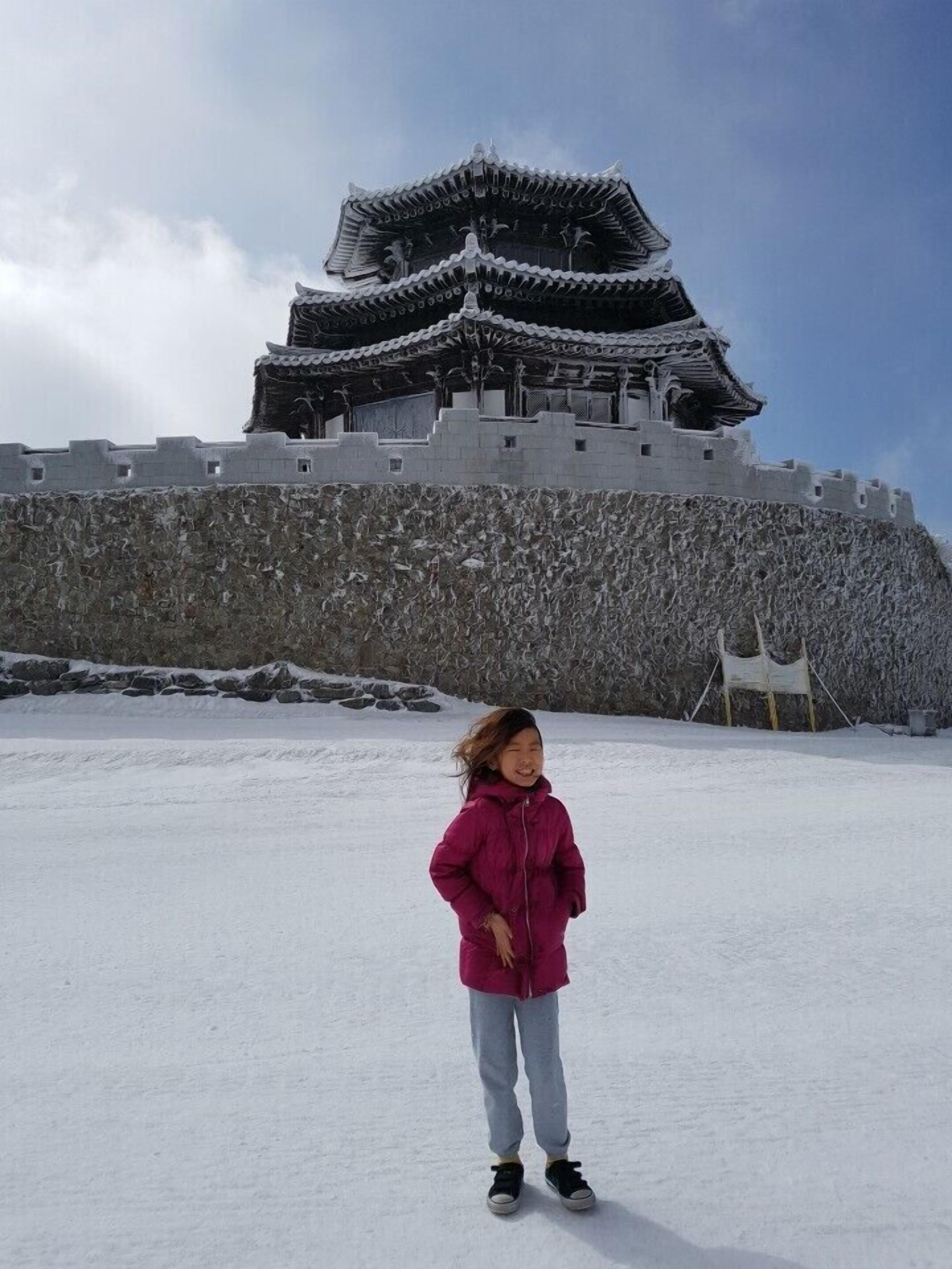 A snow-covered castle with a traditional multi-tiered roof and a stone wall.