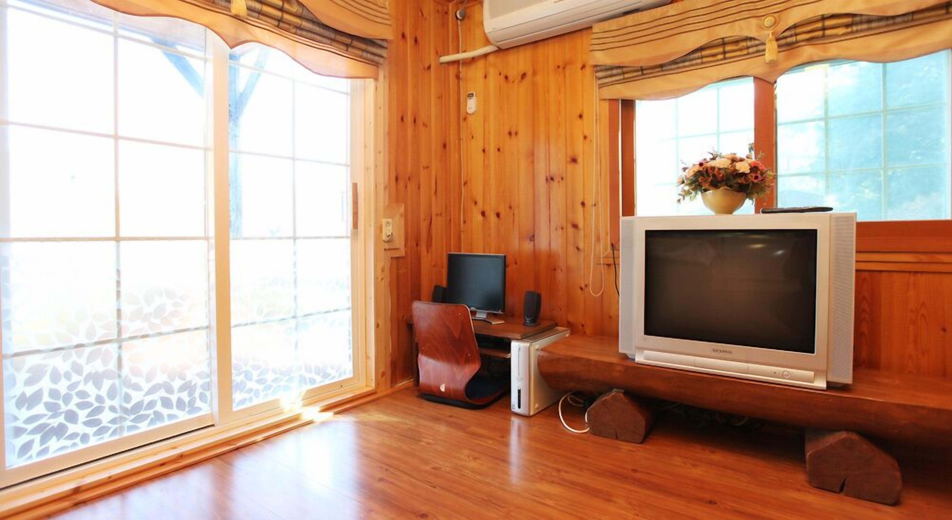 A room with wooden walls and floors, a television, a desk with a computer, and a large window with a view of trees.