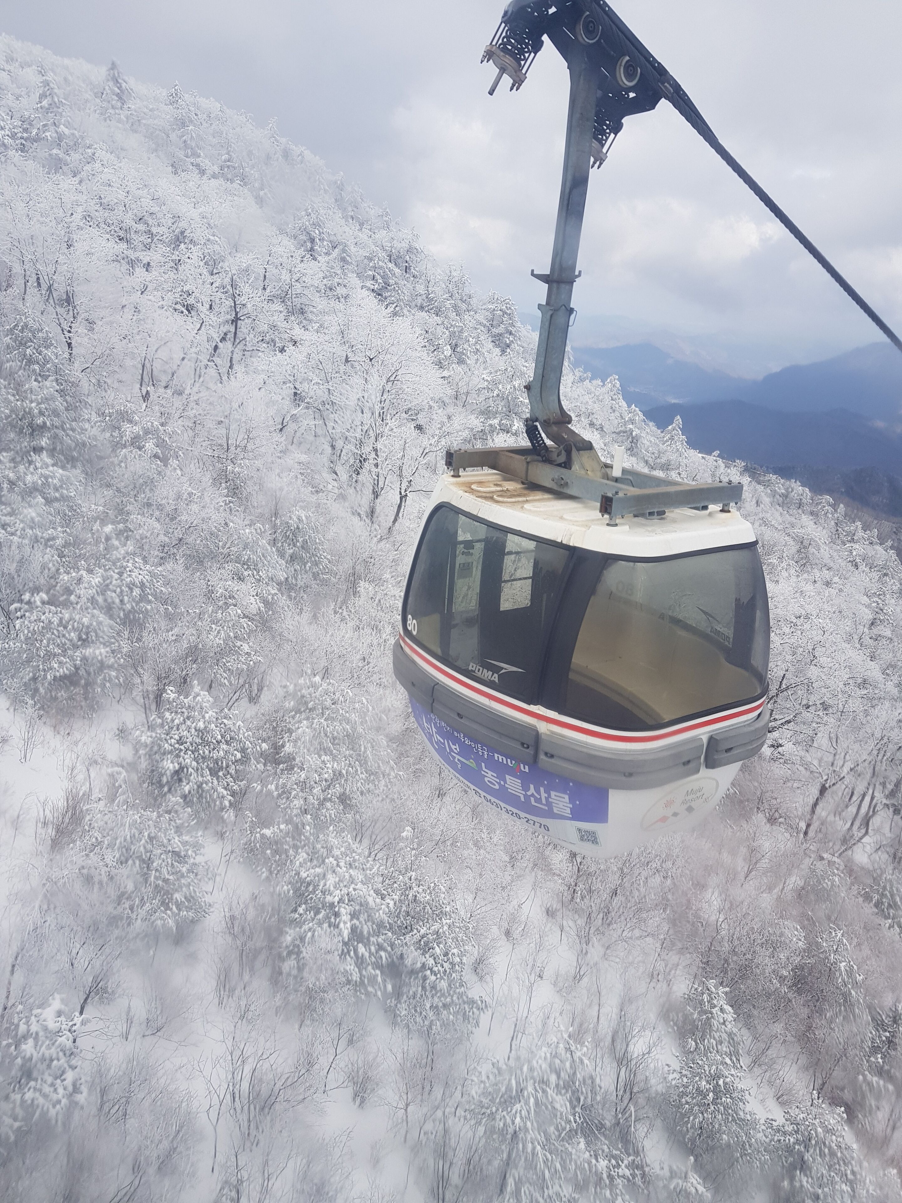 A cable car with a cabin and operator cabin, moving over a snow-covered landscape with trees and distant mountains.