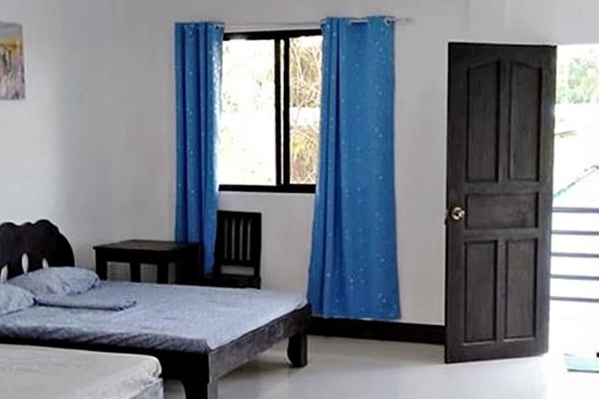 A room with two beds, a window with blue curtains, a door, and a radiator.