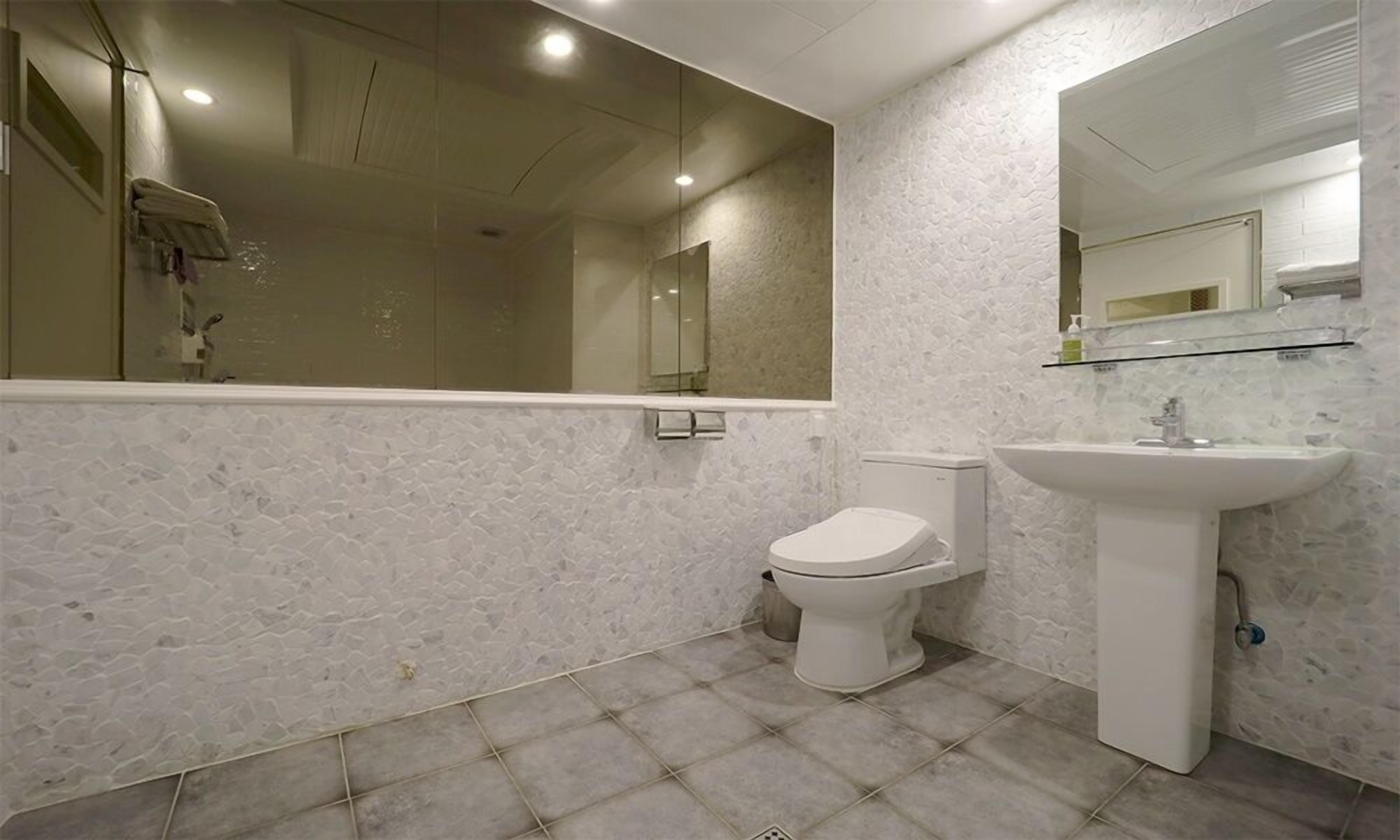 A bathroom with a toilet, sink, and a large mirror.