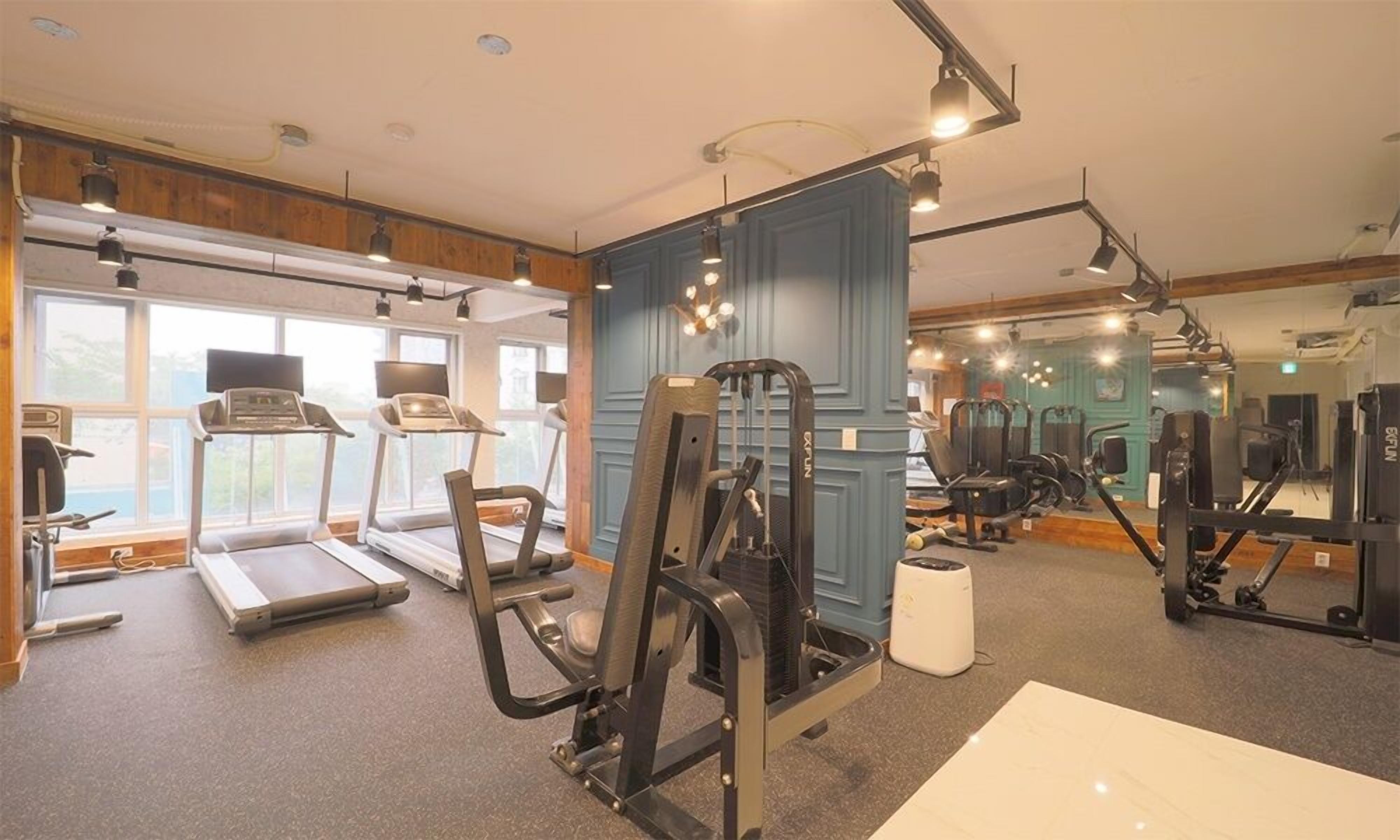 A gym with treadmills, weight machines, and a mirror.