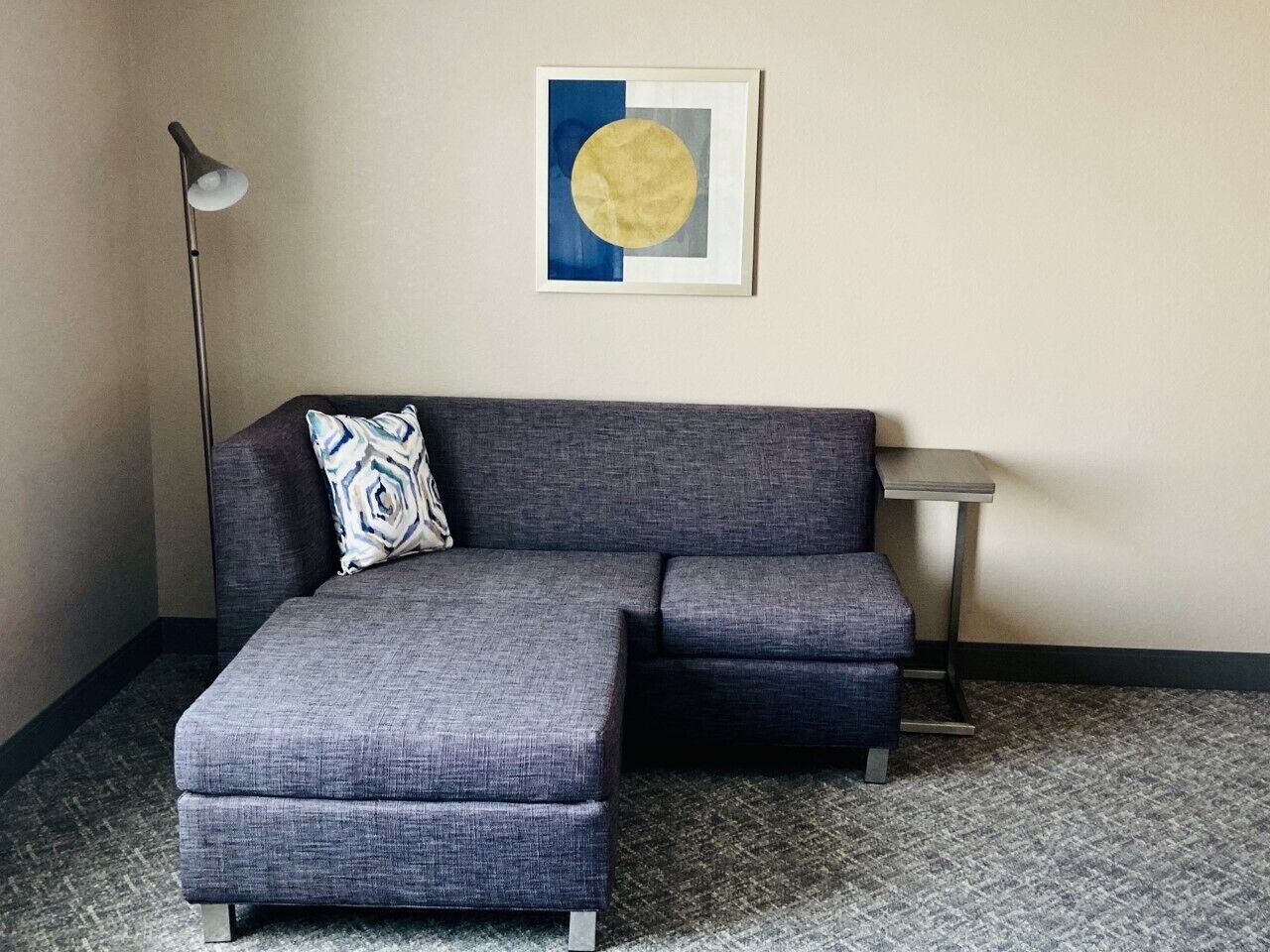 desk, laptop workspace, blackout curtains, iron/ironing board