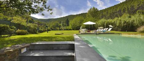 A swimming pool with steps leading up to it, surrounded by lush greenery and a mountain backdrop.