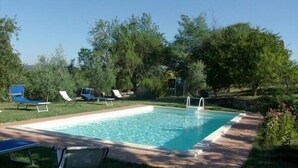 Une piscine rectangulaire dotée d’une terrasse dallée, entourée d’une végétation luxuriante et d’arbres.