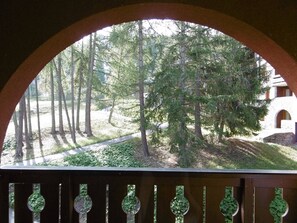 A view through an arched window of a forested area with a paved path, a building with a stone facade, and a wooden railing with green foliage. - Divisible studio for 4 pers, view of pines, pets allowed (La Plagne-Tarentaise)