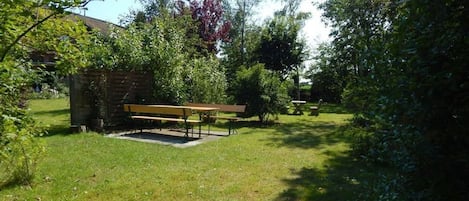 A grassy outdoor area with a wooden bench and a small brick structure, surrounded by trees and shrubs.