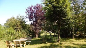 A picnic table with chairs in a grassy area surrounded by trees.