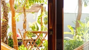 A hammock in a garden area with a wooden pergola and a wooden table. - Pousada Paraíso dos Ventos (Cruz)