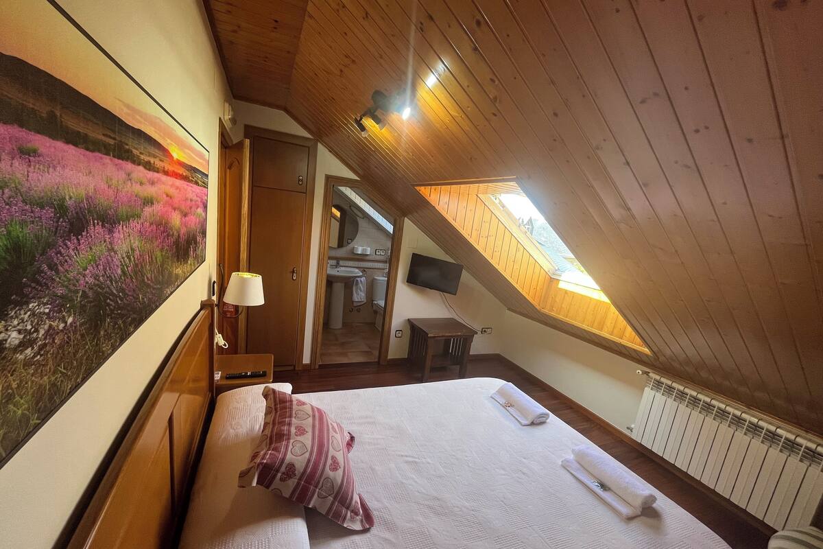 Quarto com teto inclinado, claraboia, cama com almofadas, mesa de cabeceira e um quadro de flores.