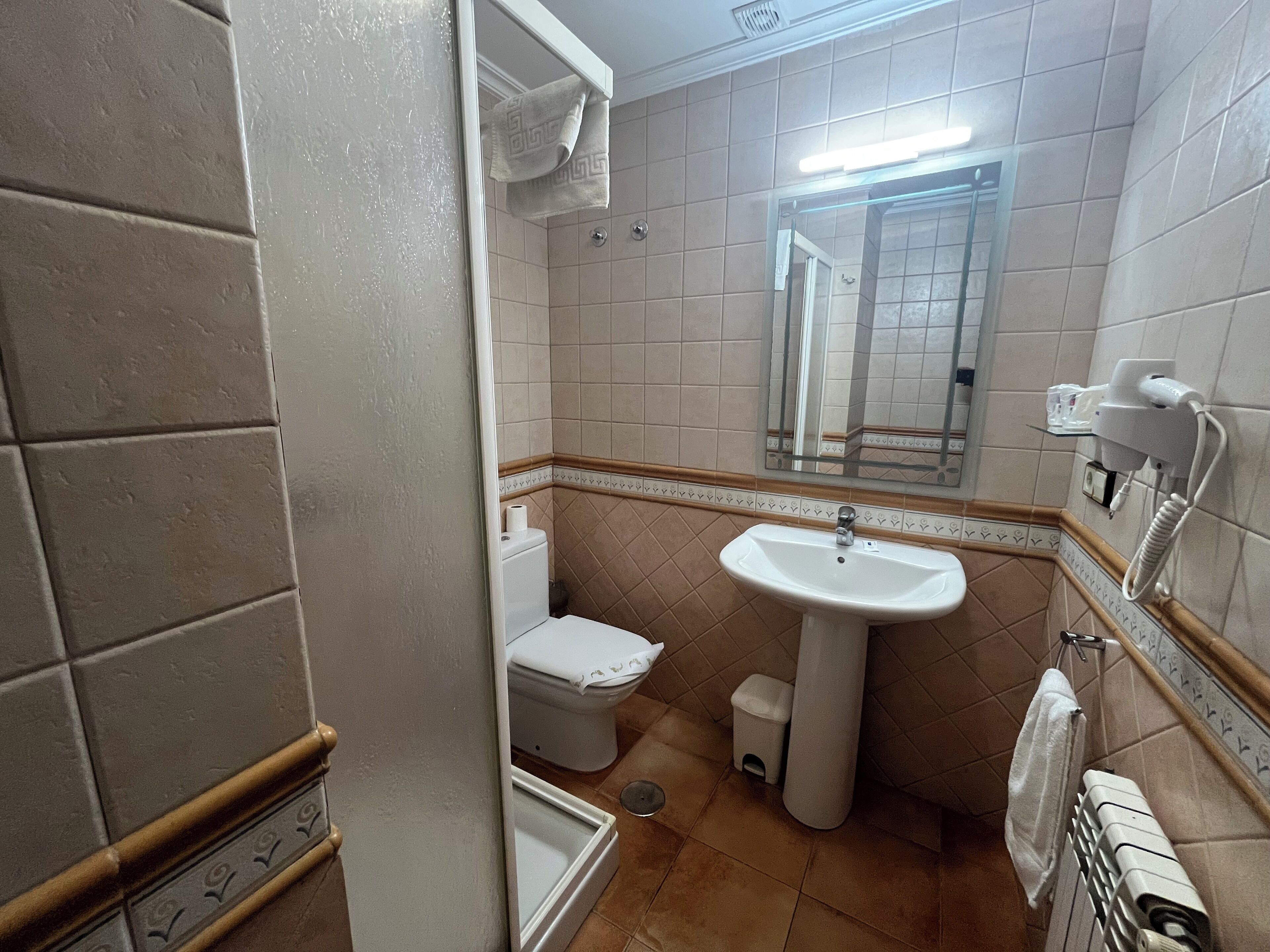 A bathroom with a toilet, sink, and mirror.