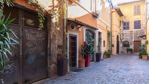 Une rue pavée bordée de bâtiments des deux côtés, avec une porte surmontée d’un portail en métal et des plantes en pot.