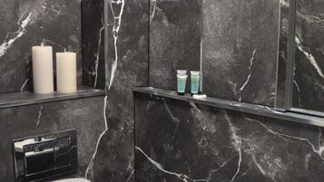 A bathroom with a toilet, a sink, and a mirror.