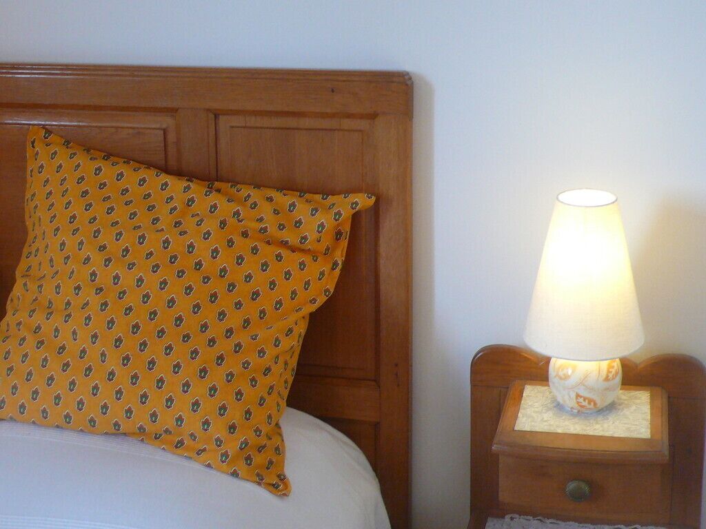 Una cama con un cojín estampado y una mesita de noche con una lámpara.