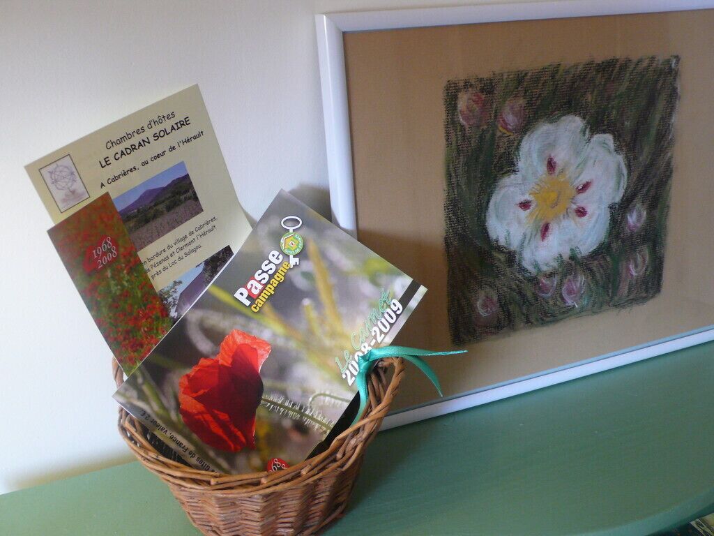Ein gerahmtes Gemälde mit einer weißen Blume und einem roten Mohn, ein Korb mit Broschüren sowie ein Bild in weißem Rahmen auf einer grünen Fläche.