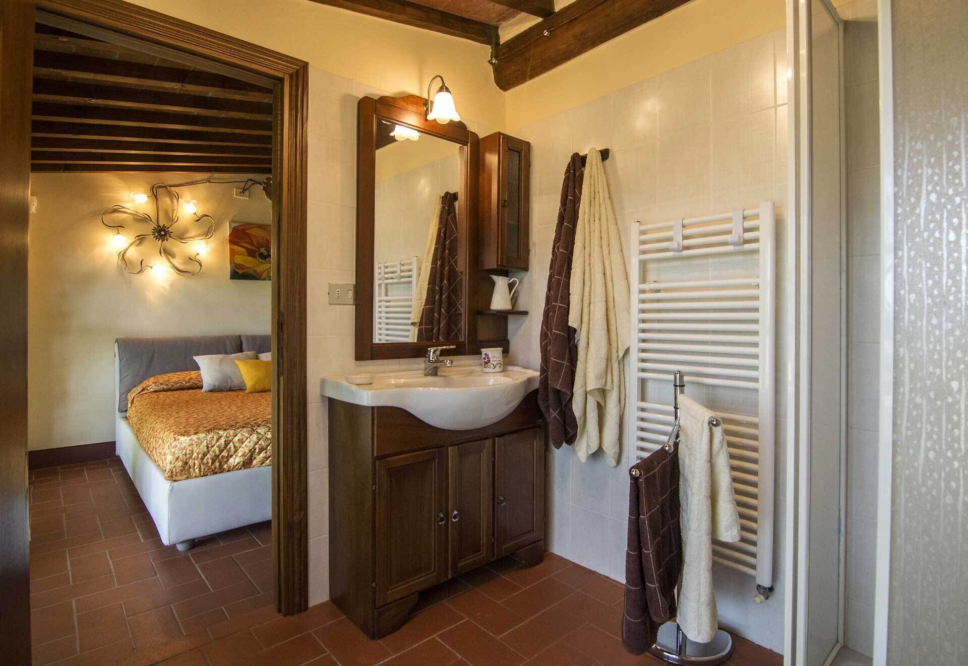Un baño con lavabo, espejo, toallero y radiador.