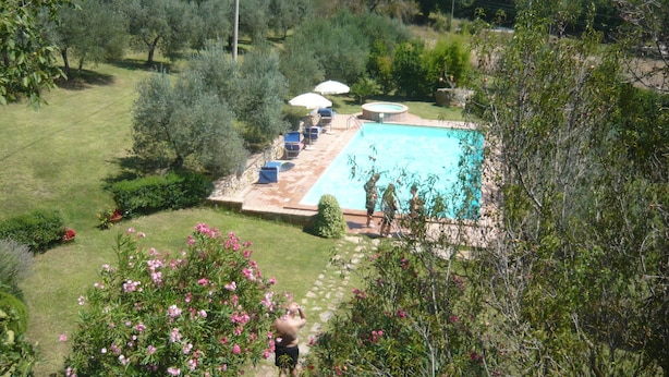 A swimming pool surrounded by a garden with a lawn and trees. - Casale Luigina (Monte Castello di Vibio)