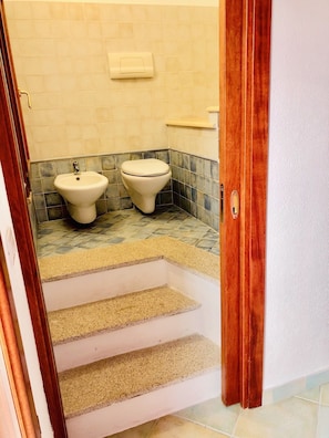 A bathroom with two toilets, a sink, and a hand dryer. There are steps leading to the bathroom.