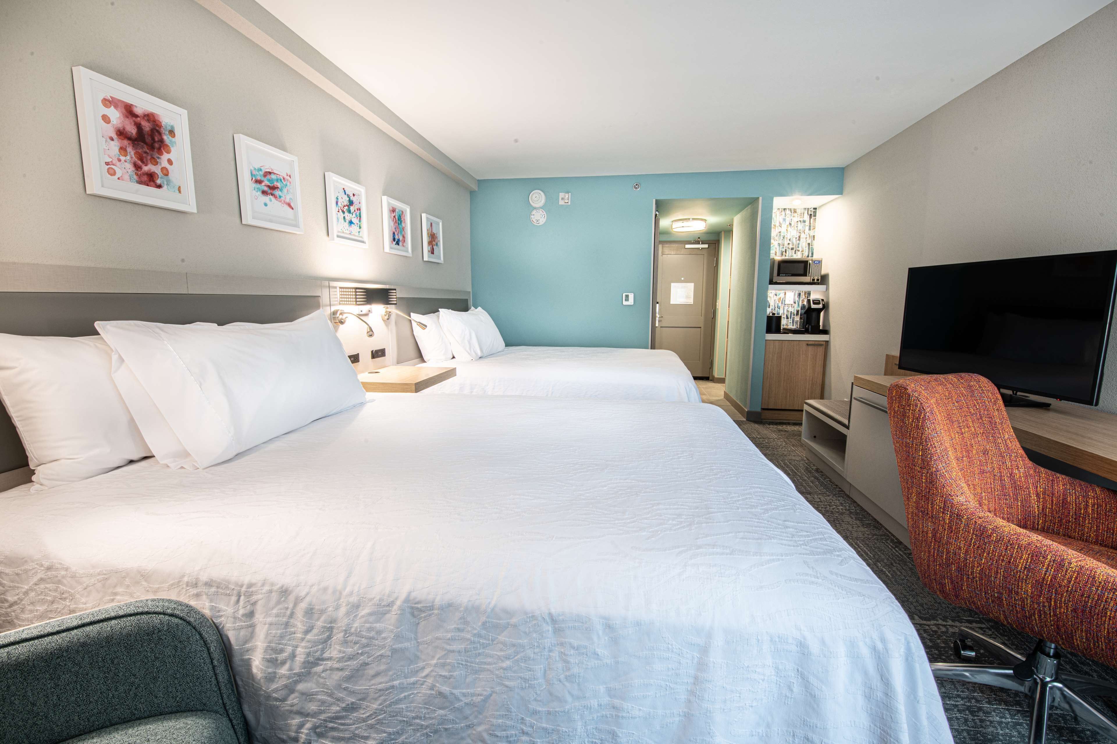 desk, laptop workspace, blackout curtains, iron/ironing board