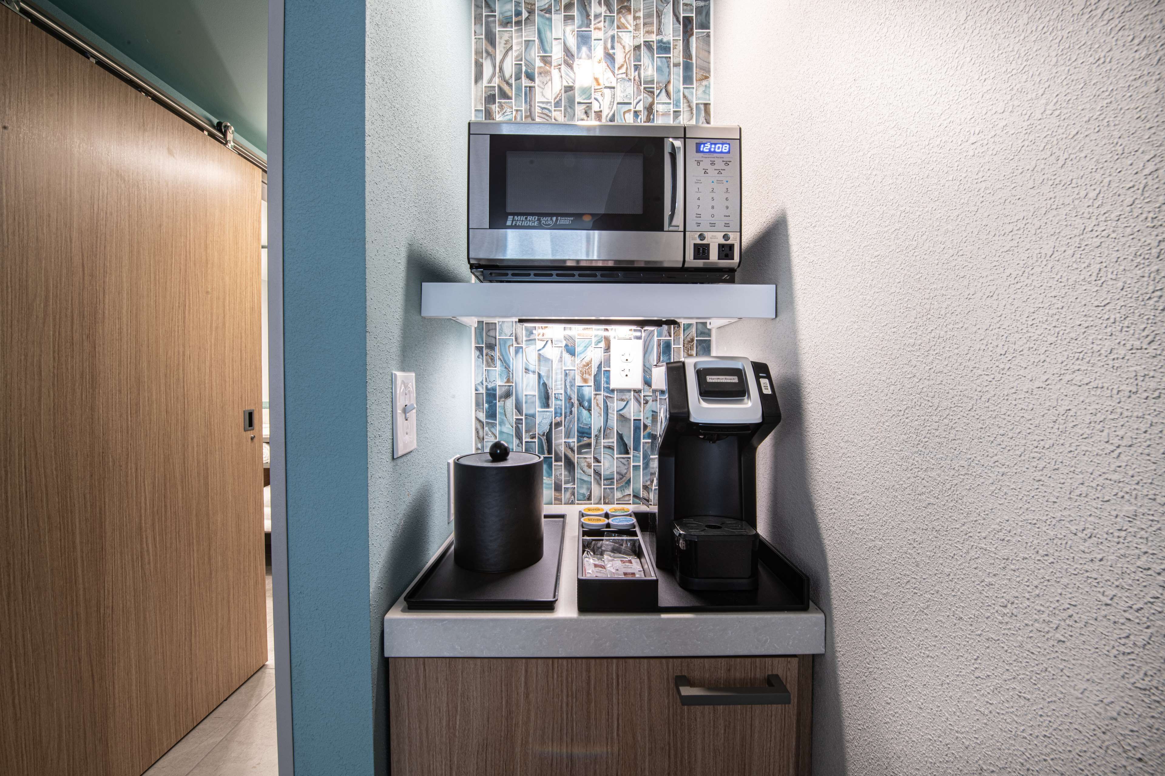 desk, laptop workspace, blackout curtains, iron/ironing board