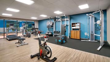 Uma academia com esteiras, elíptico, bicicleta ergométrica, pesos livres e rack para agachamento.