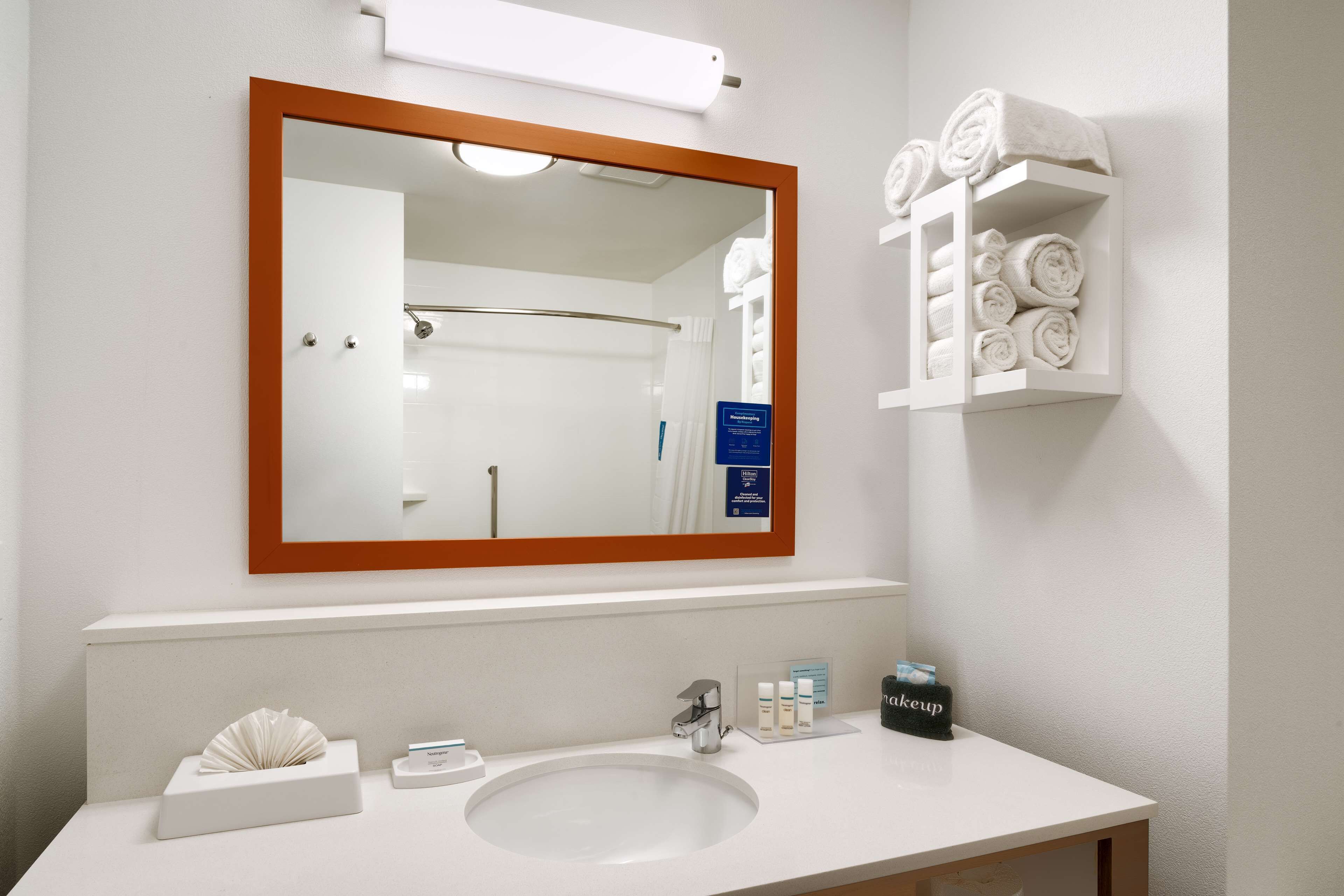 room, 2 queen beds, refrigerator & microwave | bathroom | hair dryer, towels