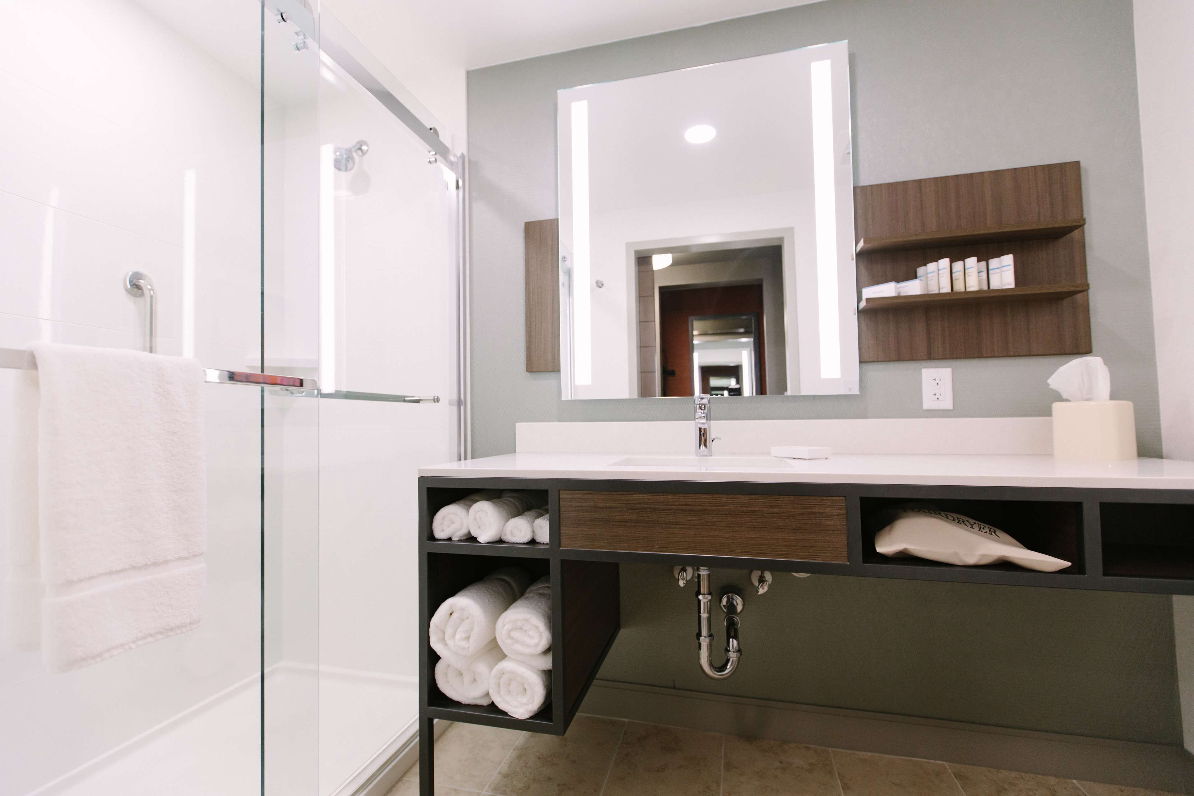 hair dryer, towels, soap, shampoo