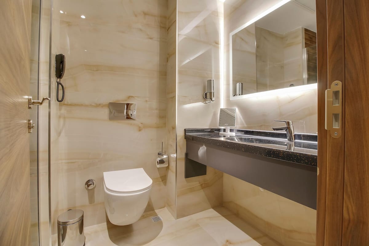 shower, rainfall showerhead, free toiletries, hair dryer