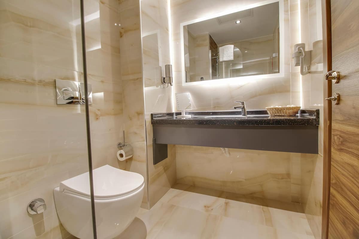 shower, rainfall showerhead, free toiletries, hair dryer