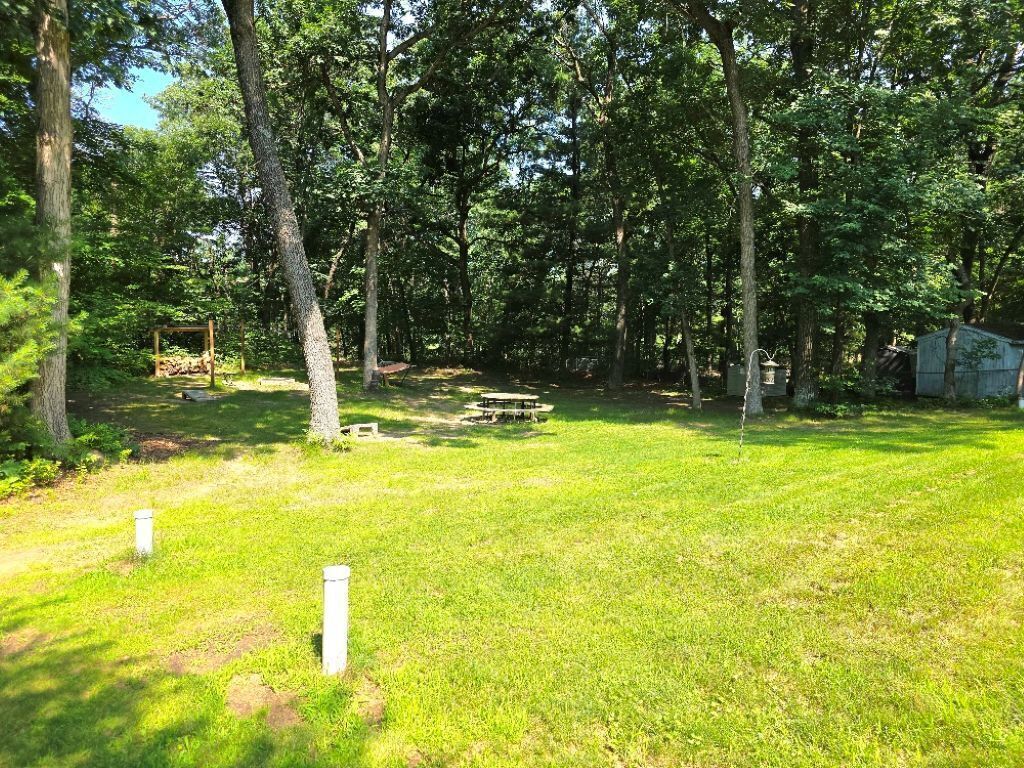 Een grasveld met bomen, een houten bank en een kleine schuur.