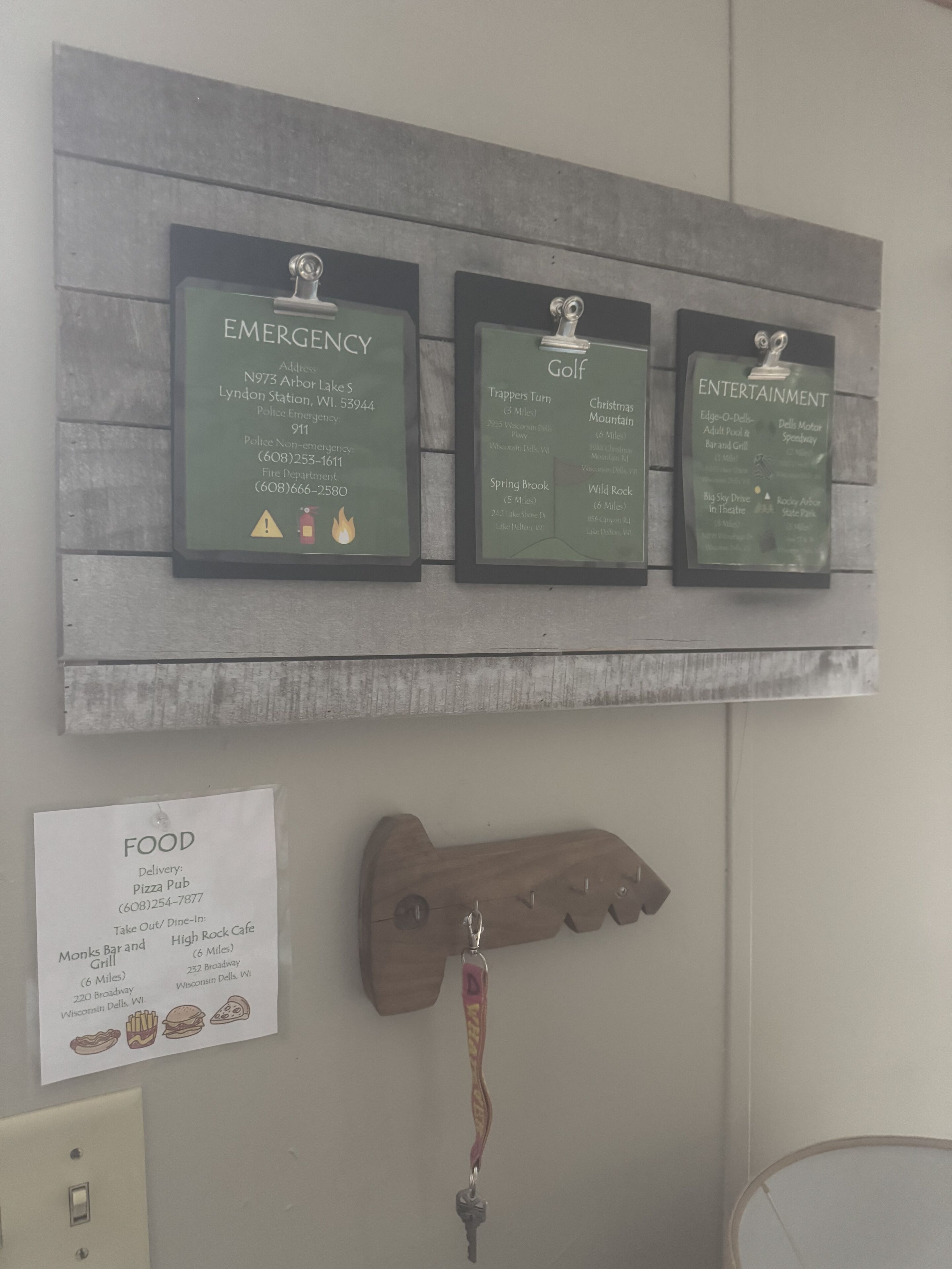 A wall with three framed signs: an emergency contact list, a golf course map, and an entertainment guide. Below, a food delivery menu and a keychain are visible.