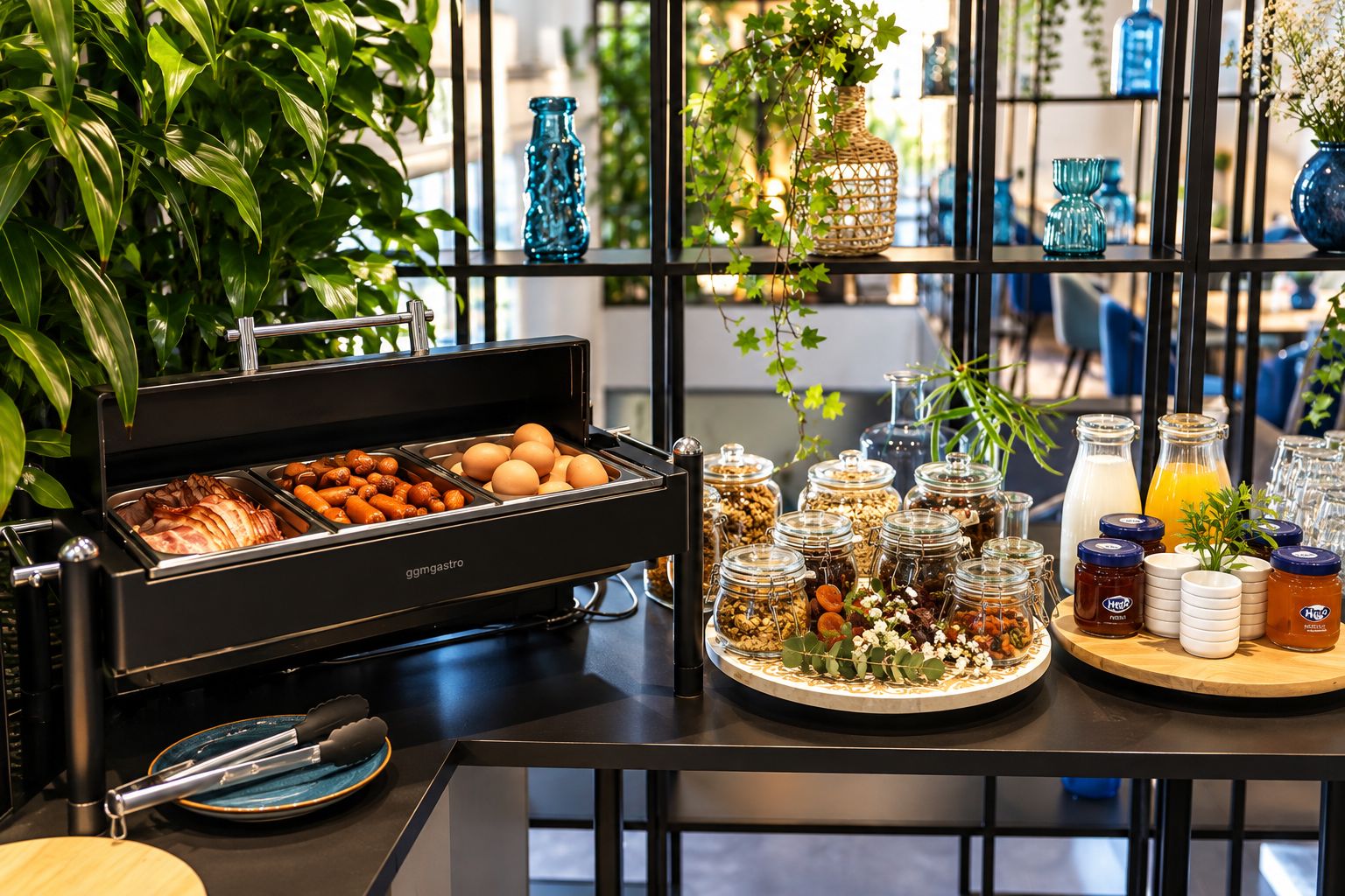 Ein reichhaltiges Buffet mit verschiedenen Speisen und Beilagen.