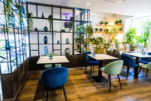 Interior de restaurante com piso de madeira, cadeiras azuis e verdes, e prateleiras com vasos e plantas azuis.