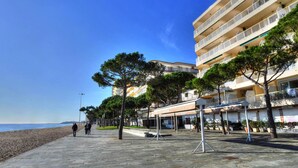 Un paseo marítimo empedrado con losetas de piedra, árboles y una playa al fondo.