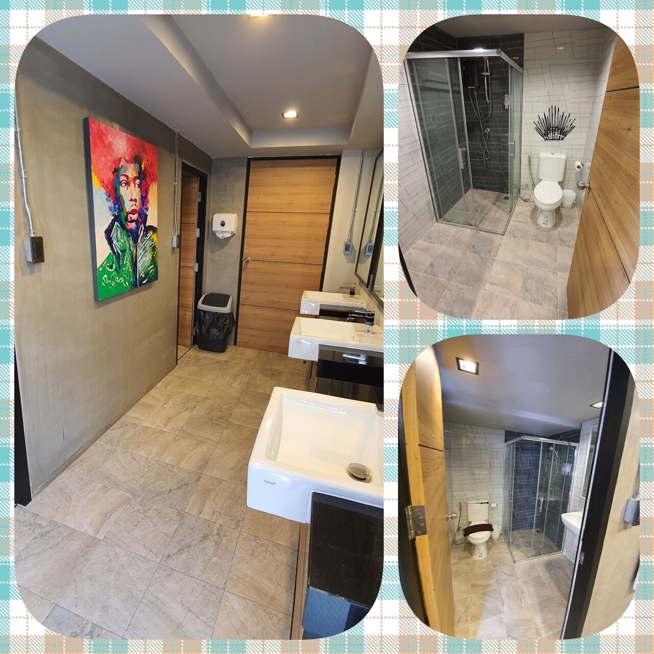 A bathroom with a shower, toilet, and sink.