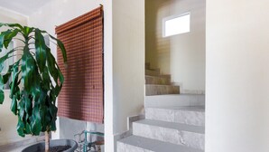 A staircase with a potted plant and a window with blinds. - Suites del Pozo (San Luis Potosi)