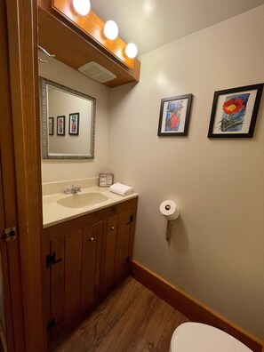 A bathroom with wooden cabinets, a sink, a mirror, and three framed pictures on the wall.