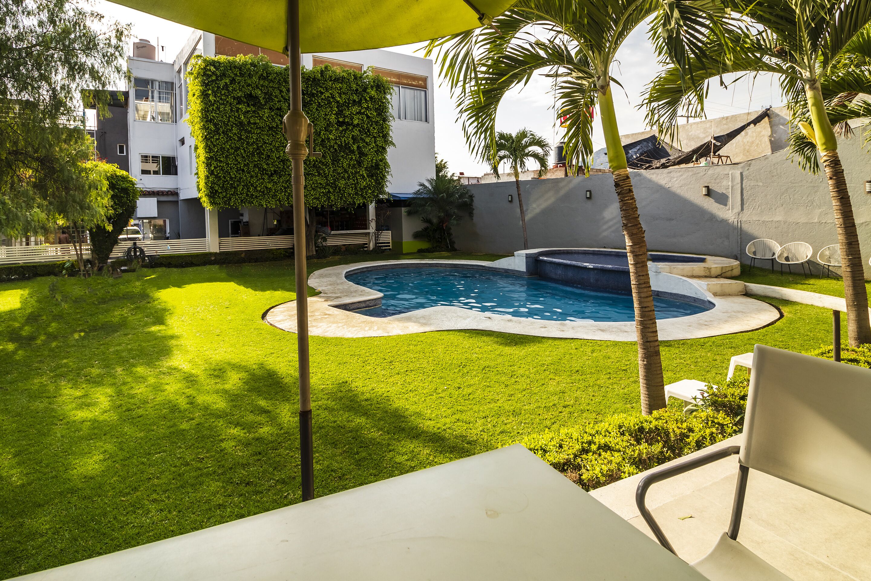 Un patio trasero con piscina, palmeras y un área de patio techada.