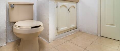 Een badkamer met een toilet, een kast en een deur.