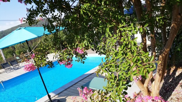 A swimming pool with a wooden deck, surrounded by greenery and pink flowers. - Le Puits de Garival (Tour-de-Faure)