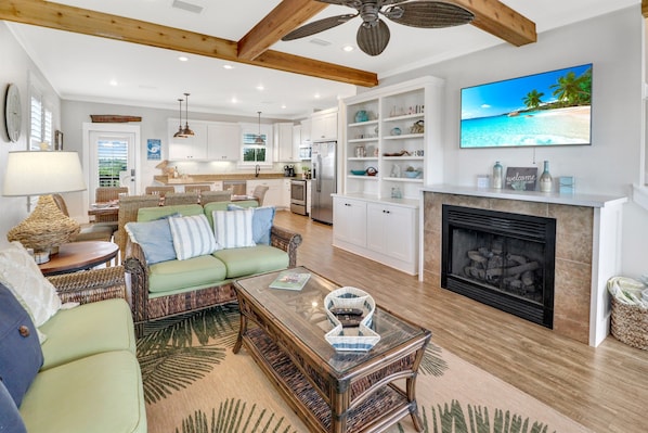 Smart TV, fireplace, video games, DVD player